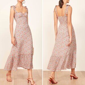 Floral Ruffle Long Midi Dress by Manu Reformation Nikita Shelby White Blue 2/XS